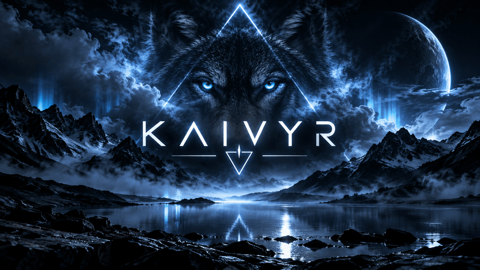 A blue-eyed wolf above a moonlit mountain valley and still lake, framed by luminous geometric symbols.
